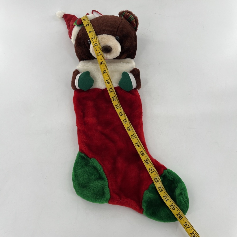26" Brown Teddy Bear Plush 3D Christmas Stocking Plaid Santa Hat Red Green - Picture 6 of 7